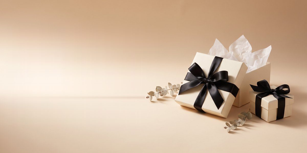 Cream-coloured gift boxes with black ribbons